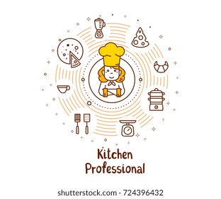 Creative cooking concept on white background. Vector illustration of a woman chief cook in a chef hat with food icons and inscription. Thin line art design with a cook for web, banner, menu, poster