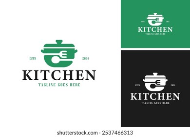 Creative cooking hot pot with fork and spoon logo design vector illustration