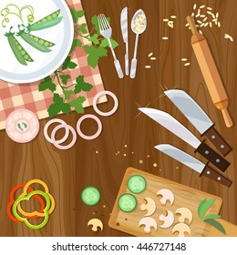 Creative cooking kitchenware top view table cook vector illustration 