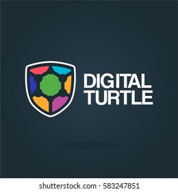 creative and cool green and colorful turtle digital logo for company business shirt and organization in black background