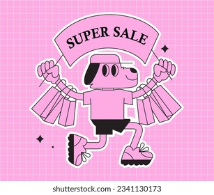 Creative cool groovy cartoon character hold banner with super sale advertisment. Dog in y2k style with shopping bags return from shop or discount store. Modern sticker or label vector illustration.