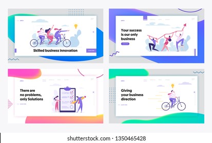 Creative Cooperation Developing Innovation Business Success Concept Landing Page Set. People Characters with Checklist, Tandem Bike, Arrow and Idea Bulb for Website, Web Page. Flat Vector Illustration