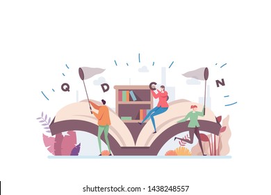 Creative Copyrighting Vector Illustration Concept Showing creative people catching alphabet words, Suitable for landing page, ui, web, App intro card, editorial, flyer, and banner.
