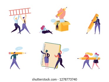 Creative Copywriter People Business Character Set. Writer Team Draw Pencil in Notebook. Hipster Freelancer Employee Success Career. Man Corporate Coworking Flat Cartoon Vector Illustration