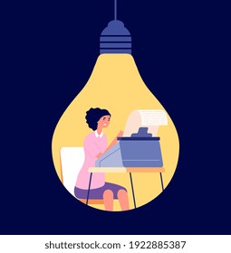 Creative copywriting. Creativity content, blog write or opinion posting. Author thinking in light bulb, creator or idea creation uttern vector concept