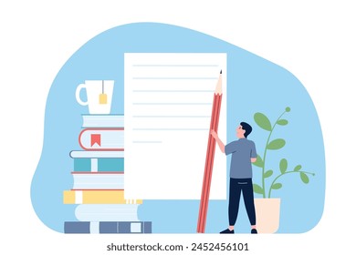 Creative copywriting. Man thinking about new article or social media post. Creativity, education or news maker. Freelance autor recent vector scene