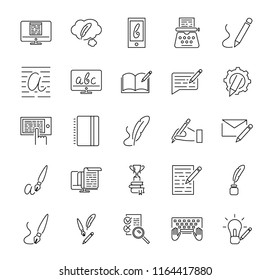 Creative copywriting vector illustration icon collection set. Black outlined basic elements that represents marketing, advertising and salesmanship with written word. Information in phone or tablet.