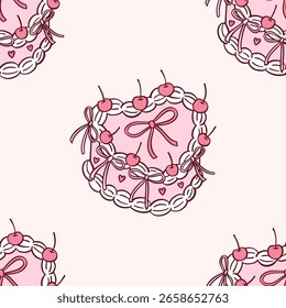 Creative Coquette style drawing background with vintage Cakes for print. Cute pink doodle Seamless Pattern. Simple trendy wallpaper