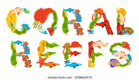 Creative coral lettering. Unique letters made from fish, seaweed, corals and other sea inhabitants. Horizontal typography poster. Colorful cartoon flat style. Graphic design. Vector illustration