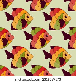Creative coral reef fish endless fabric print illustration. Oceanic animals swimming. Summer fashion textile print. Coral reef fish marine life graphic design. Different color scales, tail