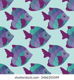 Creative coral reef fish endless pattern illustration. Ocean creatures pattern. Baby fashion tissue print. Coral reef fish sealife illustration. Multicolor scales, fins