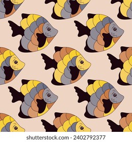 Creative coral reef fish seamless fabric print design. Ocean fauna diving. Baby fashion clothes print. Coral reef fish sealife illustration. Polychrome squama, fins