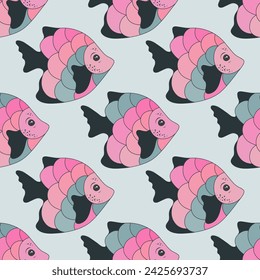 Creative coral reef fish seamless textile print vector. Ocean animals diving. Baby fashion tissue print. Coral reef fish sea life illustration. Colorful squama, fins