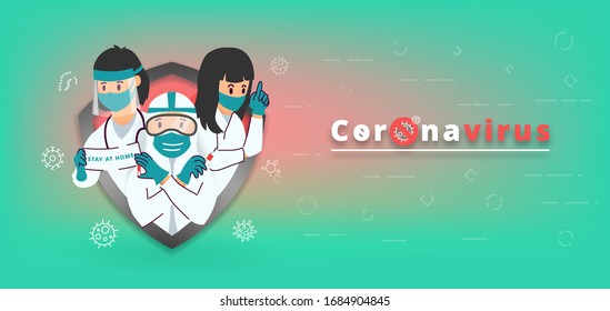 Creative (Corona virus -2019-nCoV ) Banner Word with Icons. Doctor wearing Face Mask Fight Against Covid-19, Vector illustration.  