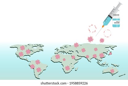 Creative Coronavirus, COVID-19 vaccine and syringe concept image on world map background. Dispersion Effect.