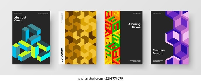Creative corporate brochure A4 vector design concept collection. Colorful geometric hexagons cover layout bundle.