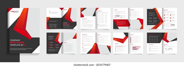 Diseño de plantilla de diseño de folletos creativos corporativos de 16 páginas con formas abstractas rojas vectorial