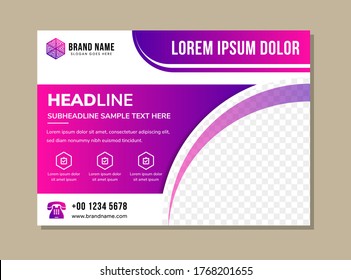 Creative & corporate business brochure flyer design a4 template. Horizontal flyer with quarter circle shape space for photo. The combination white background with gradient of pink purple colors.