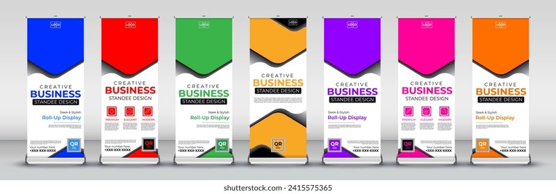creative corporate business conference roll up banner designs for x stand in blue, red, green orange, purple, pink and yellow print ready colors
