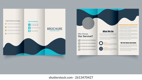 Creative Corporate Business Trifold Brochure Template Design, abstract business Trifold brochure, vector brochure Template design. Brochure design, cover, annual report, poster. Design with waves.