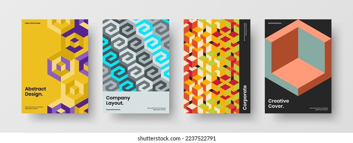 Identidad corporativa creativa colección de conceptos vectoriales de diseño A4. Juego de ilustraciones de portada de la empresa de hexágonos geométricos frescos.
