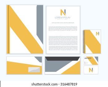 Creative corporate identity with logo design, letter N. Trendy stationery business concept. Vector illustration.