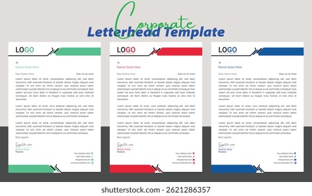 Diseño creativo de negocios de estilo de flecha de Plantilla de membrete Corporativa en Paquete de Colores rojo, verde y azul.

