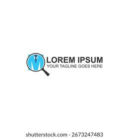 Diseño de logotipo corporativo creativo con lupa con símbolo de traje y corbata, ideal para negocios, búsqueda de empleo, reclutamiento y marca profesional