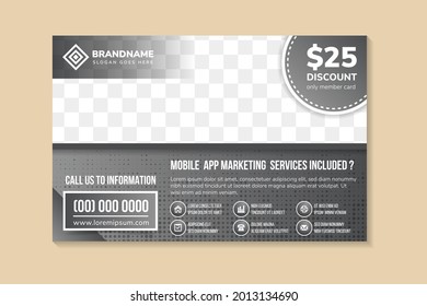 Creative corporate mobile app business brochure flyer design a4 template. Horizontal flyer with rectangle shape space for photo. The combination black background with with dot halftone pattern. 