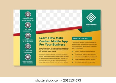 Creative corporate mobile app business brochure flyer design a4 template. Horizontal flyer with rectangle shape space for photo. The combination gold gradient background with red and green element.