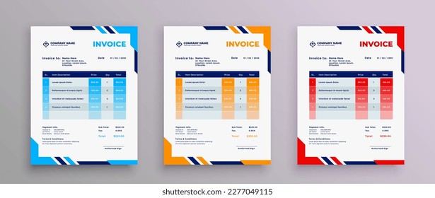 Creative corporate modern letterhead and invoice design template set with blue, Orange, and Rad colors. 