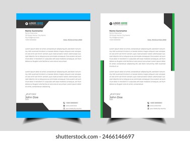 Creative Corporate professional letterhead design template with green and blue color. 
modern  abstract business proposal clean letterhead design  for your project.  newsletter ,corporate  resume

