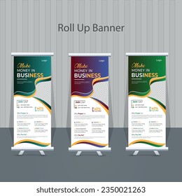 Roll-Up Creativo Diseño de banner o de plantilla de banner desplegable vector, fondo abstracto, moderno x-banner, tamaño de rectángulo para publicidad y uso multipropósito con tres variaciones de color
