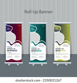 Creative Corporate Roll-Up Banner design or pull-up banner template vector, abstract background, modern x-banner, rectangle size for Advertising, and Multipurpose Use with three Color Variations

