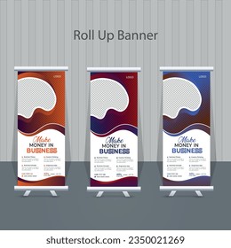 Creative Corporate Roll-Up Banner design or pull-up banner template vector, abstract background, modern x-banner, rectangle size for Advertising and Multipurpose Use with three Color Variations
