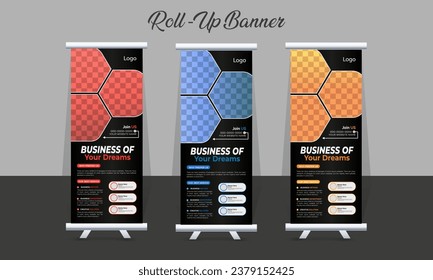 Creative Corporate Roll-Up Banner design or pull-up banner template vector, abstract background, modern x-banner, rectangle size for Advertising and Multipurpose Use with three Color Variations.