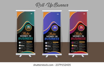 Creative Corporate Roll-Up Banner design or pull-up banner template vector, abstract background, modern x-banner, rectangle size for Advertising and Multipurpose Use with three Color Variations.