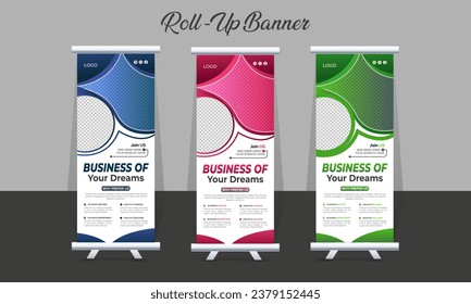 Roll-Up Creativo Diseño de banner o de plantilla de banner desplegable, fondo abstracto, moderno x-banner, tamaño de rectángulo para publicidad y uso multipropósito con tres variaciones de color.