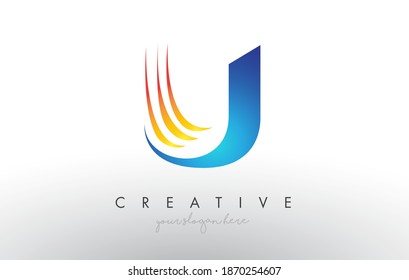 Creative Corporate U Letter Logo Icon Design With Blue and Yellow Vector Illustration and Swoosh Slice Lines.