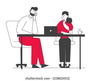 Creative Couple of Colleagues Teamwork, Brainstorming Working Process in Office. Business People Characters Team Communicating at Office Workplace for Solving Problem. Cartoon Flat Vector Illustration