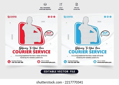 Creative courier service social media post design for marketing. Online shopping delivery service poster design with red and blue colors. Digital home delivery service promotional web banner template.