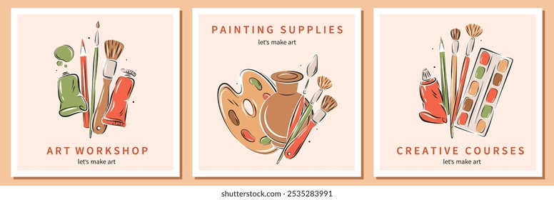 Creative courses, Art school. Set card with art supplies, creative hobby accessories. Collection of painting related icons, various painting tools. Vector illustration for cover, advertisement.