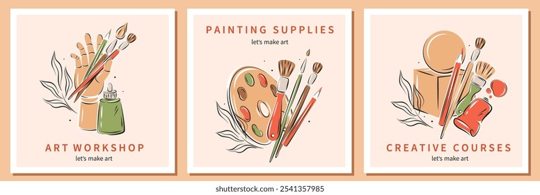 Creative courses, Art school. Set card with art supplies. Collection of painting related icons, various painting tools. Vector illustration for banner, cover, advertisement.