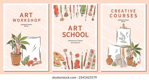 Creative courses, Art school, Art workshop. Set card with art supplies, creative hobby accessories. Vector illustration for banner, cover, advertisement.