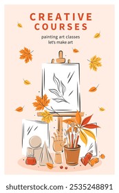 Creative courses. Creative workplace, drawing on canvas, artistic stuff. Painting on tripod, tools and supplies. Vector illustration for banner, cover, advertisement.