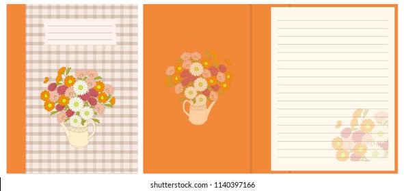 Creative cover design with hand drawn floral bouquet in the teapot for decorate notebook, sketchbook, copybook, album, diary. Cover A5 template with interior. EPS 10.
