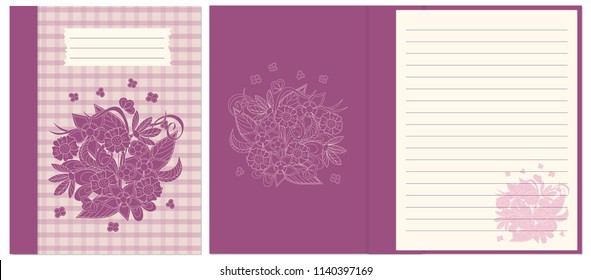 Creative cover design with hand drawn floral composition on line for decorate notebook, sketchbook, copybook, album, diary. Cover A5 template with interior. EPS 10.
