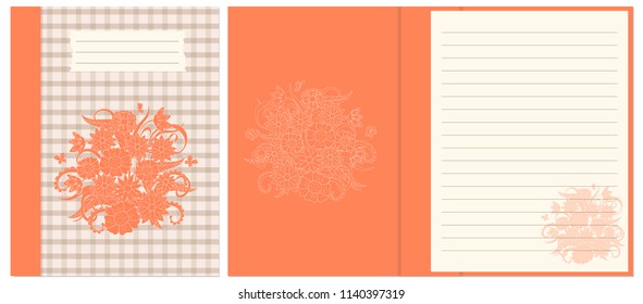 Creative cover design with hand drawn floral composition on line for decorate notebook, sketchbook, copybook, album, diary. Cover A5 template with interior. EPS 10.
