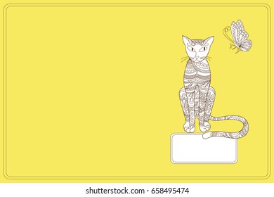 Creative cover design with hand drawn patterned cat for decorate book, notebook, sketchbook, copybook, case, stationery. Cover A5 template with back. EPS 10.

