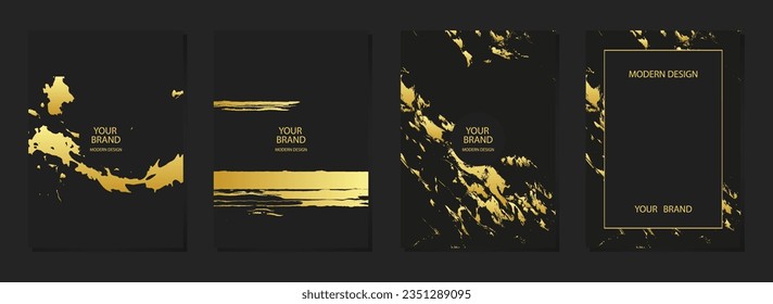 Creative cover design set. Black backgrounds, marble grunge texture, crack. Geometric 3d embossed, golden pattern. Collection of abstract vector vertical templates for modern creativity.